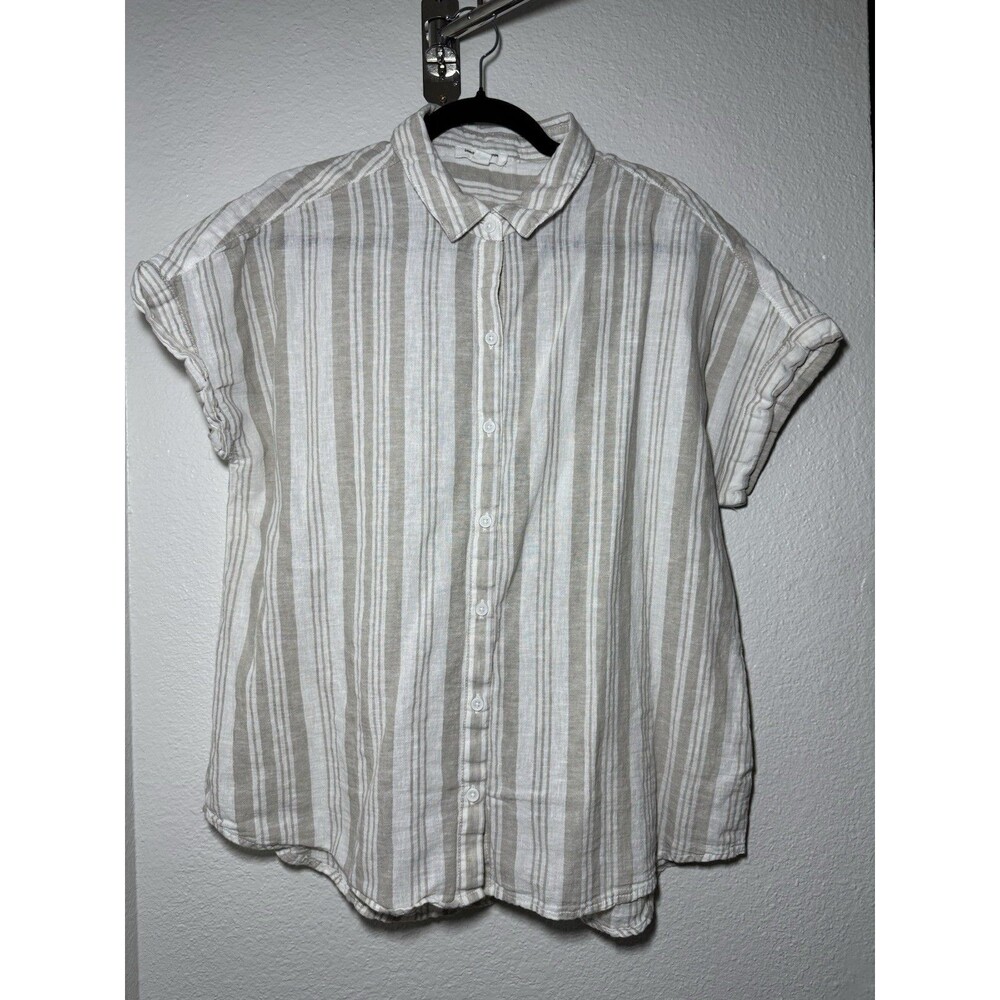 BeachLunchLounge Womens Button Front Striped Short Sleeve Shirt Beige White XL